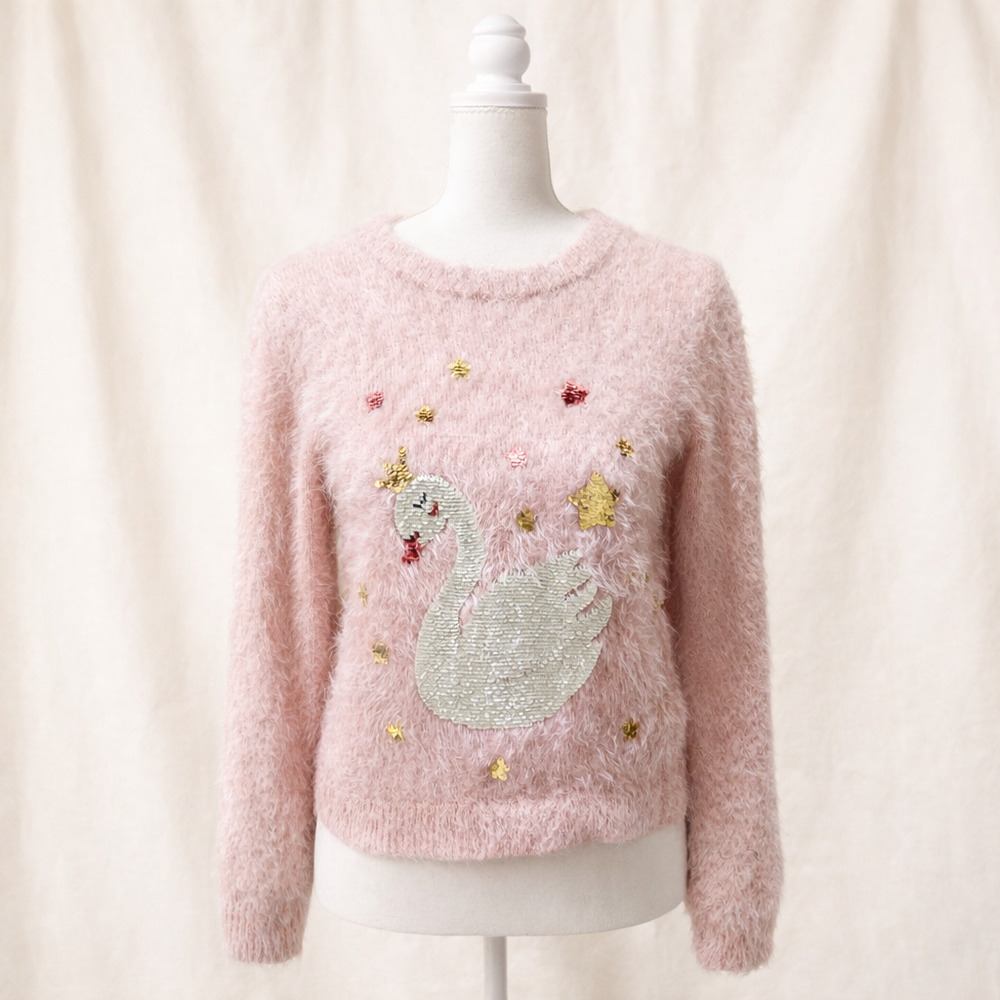Wonder Nation Youth XL Swan Sweater Pink Fuzzy Graphic Soft Cozy Tween Cute - Picture 1 of 7